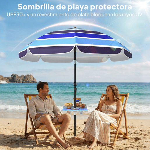Outsunny Chapéu de Sol de Praia com Mesa Dobrável e Porta-Copos Ø198 cm Chapéu de Sol de Terraço Exterior com Altura Ajustável Inclinação Bolsa de Transporte e Gancho UV30+ Multicolor