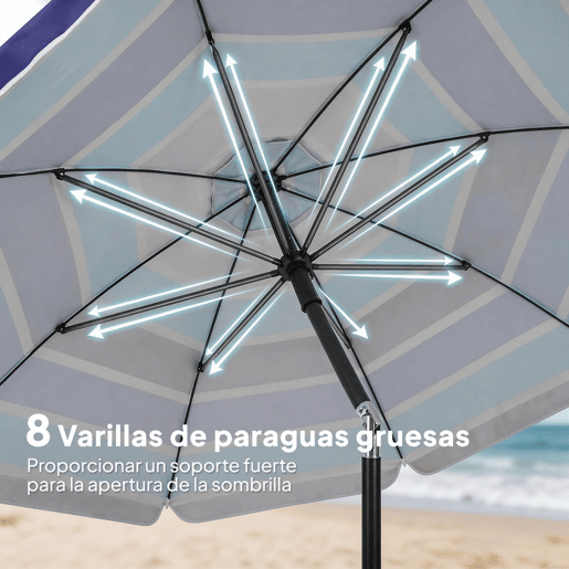 Outsunny Chapéu de Sol de Praia com Mesa Dobrável e Porta-Copos Ø198 cm Chapéu de Sol de Terraço Exterior com Altura Ajustável Inclinação Bolsa de Transporte e Gancho UV30+ Multicolor