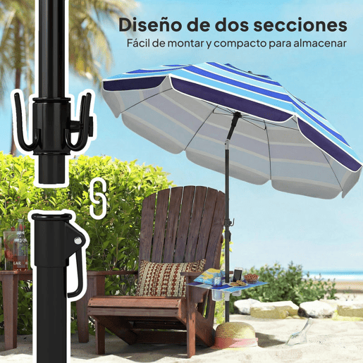 Outsunny Chapéu de Sol de Praia com Mesa Dobrável e Porta-Copos Ø198 cm Chapéu de Sol de Terraço Exterior com Altura Ajustável Inclinação Bolsa de Transporte e Gancho UV30+ Multicolor