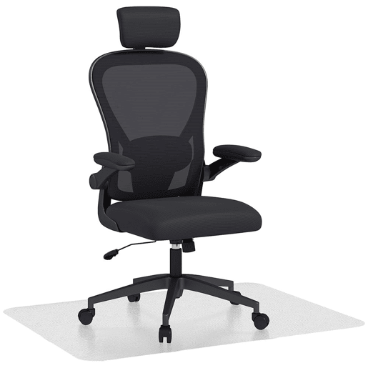 HOMCOM Conjunto de Escritório Inclui 1 Cadeira de Escritório com Altura Ajustável Apoio de Cabeça e Suporte Lombar Ajustáveis Preto e 1 Tapete Protetor 90x120 cm Transparente