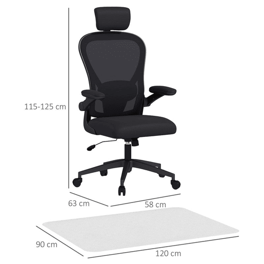 HOMCOM Conjunto de Escritório Inclui 1 Cadeira de Escritório com Altura Ajustável Apoio de Cabeça e Suporte Lombar Ajustáveis Preto e 1 Tapete Protetor 90x120 cm Transparente