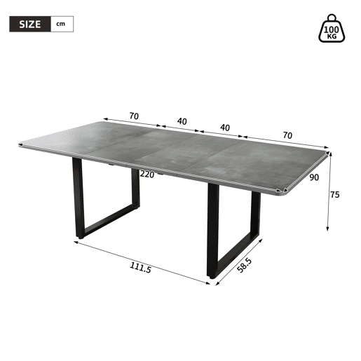 Mesa de jantar extensÃvel 140180220x90 cm - para 6-10 pessoas, forma reta, pernas em metal - cinzento Mesa de jantar extensÃvel 140180220x90 cm - para 6-10 pessoas, forma reta, pernas em metal - cinzento