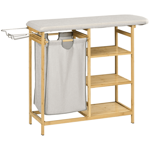 HOMCOM Cesto de Roupa Suja 57,4L, Cesto de Roupa de Bambu com Tábua de Passar, Suporte para Ferro de Engomar, 3 Prateleiras e Bolsa Removível, Estante de Banho para Lavandaria, 113x34x82 cm, Natural HOMCOM Cesto de Roupa Suja 57,4L, Cesto de Roupa de Bambu com Tábua de Passar, Suporte para Ferro de Engomar, 3 Prateleiras e Bolsa Removível, Estante de Banho para Lavandaria, 113x34x82 cm, Natural