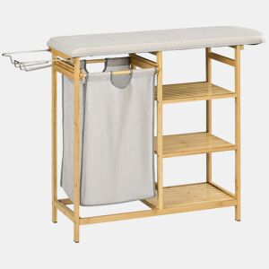HOMCOM Cesto de Roupa Suja 57,4L, Cesto de Roupa de Bambu com Tábua de Passar, Suporte para Ferro de Engomar, 3 Prateleiras e Bolsa Removível, Estante de Banho para Lavandaria, 113x34x82 cm, Natural