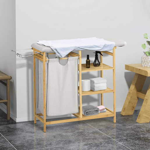 HOMCOM Cesto de Roupa Suja 57,4L, Cesto de Roupa de Bambu com Tábua de Passar, Suporte para Ferro de Engomar, 3 Prateleiras e Bolsa Removível, Estante de Banho para Lavandaria, 113x34x82 cm, Natural HOMCOM Cesto de Roupa Suja 57,4L, Cesto de Roupa de Bambu com Tábua de Passar, Suporte para Ferro de Engomar, 3 Prateleiras e Bolsa Removível, Estante de Banho para Lavandaria, 113x34x82 cm, Natural