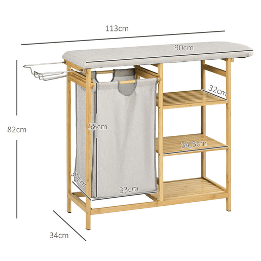 HOMCOM Cesto de Roupa Suja 57,4L, Cesto de Roupa de Bambu com Tábua de Passar, Suporte para Ferro de Engomar, 3 Prateleiras e Bolsa Removível, Estante de Banho para Lavandaria, 113x34x82 cm, Natural HOMCOM Cesto de Roupa Suja 57,4L, Cesto de Roupa de Bambu com Tábua de Passar, Suporte para Ferro de Engomar, 3 Prateleiras e Bolsa Removível, Estante de Banho para Lavandaria, 113x34x82 cm, Natural