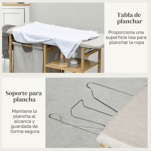HOMCOM Cesto de Roupa Suja 57,4L, Cesto de Roupa de Bambu com Tábua de Passar, Suporte para Ferro de Engomar, 3 Prateleiras e Bolsa Removível, Estante de Banho para Lavandaria, 113x34x82 cm, Natural HOMCOM Cesto de Roupa Suja 57,4L, Cesto de Roupa de Bambu com Tábua de Passar, Suporte para Ferro de Engomar, 3 Prateleiras e Bolsa Removível, Estante de Banho para Lavandaria, 113x34x82 cm, Natural