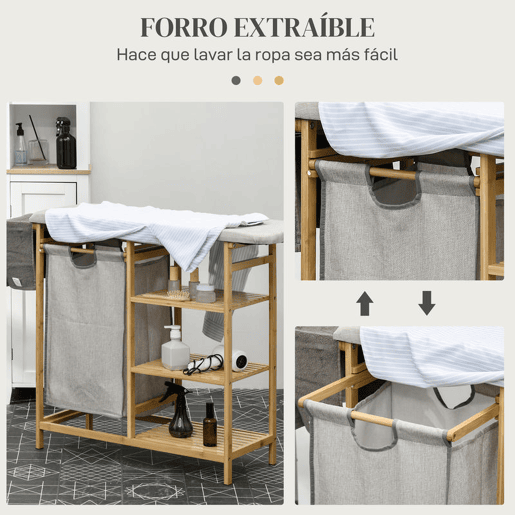 HOMCOM Cesto de Roupa Suja 57,4L, Cesto de Roupa de Bambu com Tábua de Passar, Suporte para Ferro de Engomar, 3 Prateleiras e Bolsa Removível, Estante de Banho para Lavandaria, 113x34x82 cm, Natural HOMCOM Cesto de Roupa Suja 57,4L, Cesto de Roupa de Bambu com Tábua de Passar, Suporte para Ferro de Engomar, 3 Prateleiras e Bolsa Removível, Estante de Banho para Lavandaria, 113x34x82 cm, Natural