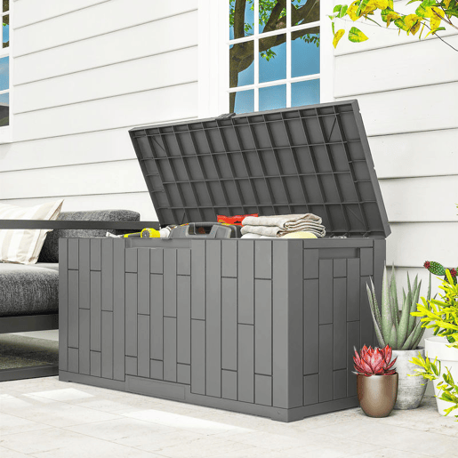 Outsunny Baú Exterior Capacidade 227L, Baú de Armazenamento de Resina Resistente à Água e aos Raios UV, com Fechadura para Jardim, Terraço, Pátio, 106,5x43x54,5 cm, Cinzento