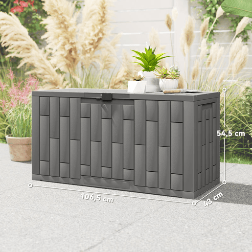 Outsunny Baú Exterior Capacidade 227L, Baú de Armazenamento de Resina Resistente à Água e aos Raios UV, com Fechadura para Jardim, Terraço, Pátio, 106,5x43x54,5 cm, Cinzento