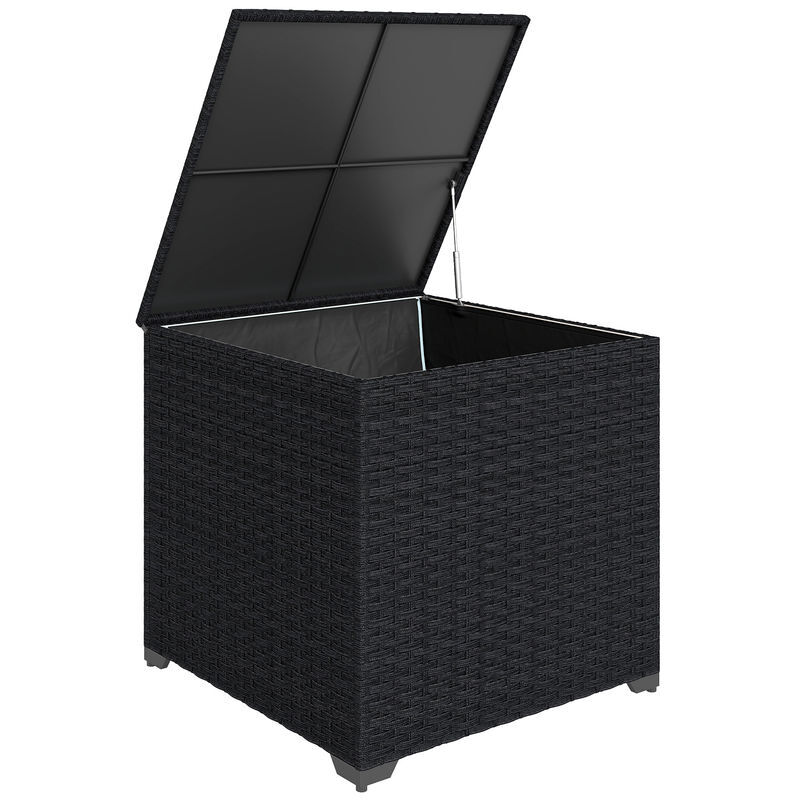 Outsunny baúl de almacenaje exterior de ratán sintético de 253l, arcón exterior con varilla hidráulica, forro con cremallera y marco de acero, carga 50 kg, para jardín, terraza, 72x72x70 cm, negro