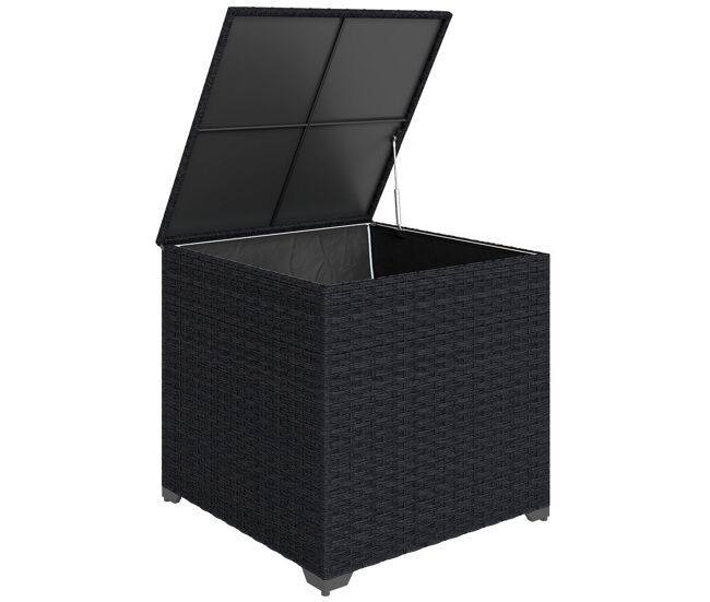 Outsunny baúl de almacenaje exterior de ratán sintético de 253l, arcón exterior con varilla hidráulica, forro con cremallera y marco de acero, carga 50 kg, para jardín, terraza, 72x72x70 cm, negro