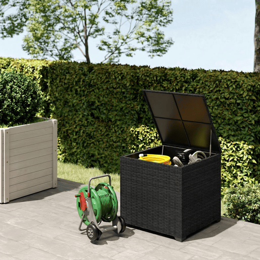 Outsunny Baú de Armazenamento Exterior de Ratã Sintético de 253L, Baú de Exterior com Vara Hidráulica, Forro com Fecho e Estrutura de Aço, Capacidade 50 kg, para Jardim, Terraço, 72x72x70 cm, Preto