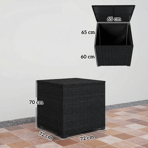 Outsunny Baú de Armazenamento Exterior de Ratã Sintético de 253L, Baú de Exterior com Vara Hidráulica, Forro com Fecho e Estrutura de Aço, Capacidade 50 kg, para Jardim, Terraço, 72x72x70 cm, Preto