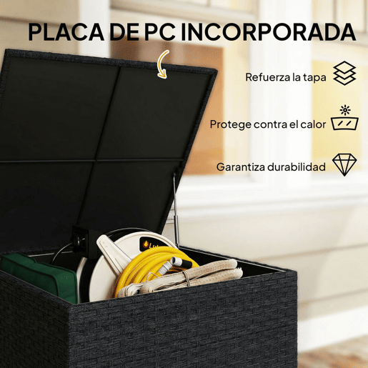 Outsunny Baú de Armazenamento Exterior de Ratã Sintético de 253L, Baú de Exterior com Vara Hidráulica, Forro com Fecho e Estrutura de Aço, Capacidade 50 kg, para Jardim, Terraço, 72x72x70 cm, Preto