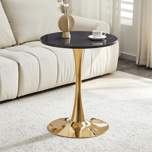 Mesa auxiliar redonda 60 cm - MDF com termoformado, mármore preto, estrutura dourada - Preto+Dourado