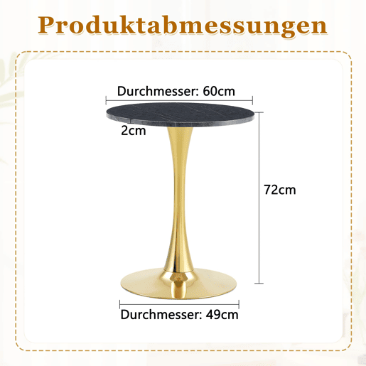 Mesa auxiliar redonda 60 cm - MDF com termoformado, mármore preto, estrutura dourada - Preto+Dourado