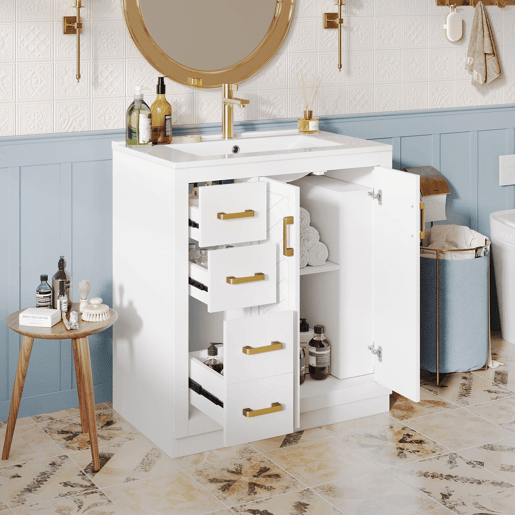 Móvel de lavatório 76,5x46,5x84,5 cm - 3 gavetas, prateleira lateral, fecho suave, cerâmica - Branco