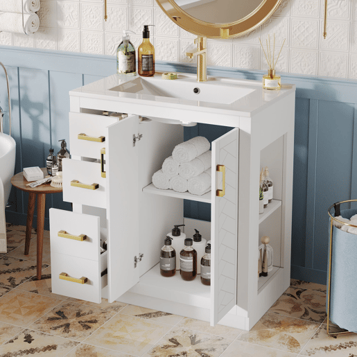 Móvel de lavatório 76,5x46,5x84,5 cm - 3 gavetas, prateleira lateral, fecho suave, cerâmica - Branco