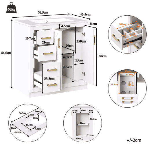 Móvel de lavatório 76,5x46,5x84,5 cm - 3 gavetas, prateleira lateral, fecho suave, cerâmica - Branco