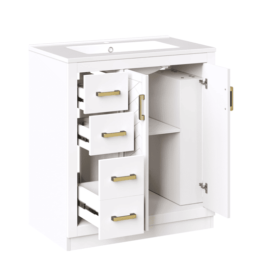 Móvel de lavatório 76,5x46,5x84,5 cm - 3 gavetas, prateleira lateral, fecho suave, cerâmica - Branco