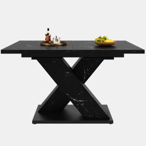 Mesa de jantar extensível 140-180 cm - design moderno em X, tampo com efeito mármore, para 4-6 pessoas, estrutura metálica estável - preta