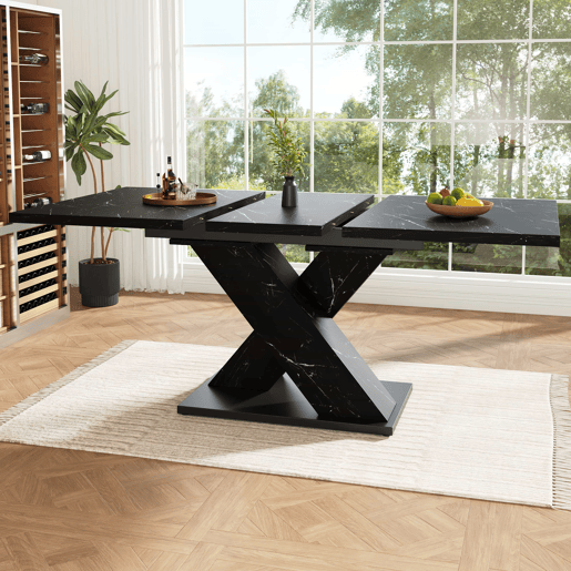 Mesa de jantar extensível 140-180 cm - design moderno em X, tampo com efeito mármore, para 4-6 pessoas, estrutura metálica estável - preta Mesa de jantar extensível 140-180 cm - design moderno em X, tampo com efeito mármore, para 4-6 pessoas, estrutura metálica estável - preta
