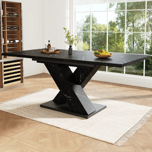 Mesa de jantar extensível 140-180 cm - design moderno em X, tampo com efeito mármore, para 4-6 pessoas, estrutura metálica estável - preta Mesa de jantar extensível 140-180 cm - design moderno em X, tampo com efeito mármore, para 4-6 pessoas, estrutura metálica estável - preta