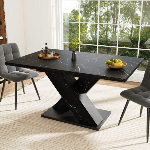 Mesa de jantar extensível 140-180 cm - design moderno em X, tampo com efeito mármore, para 4-6 pessoas, estrutura metálica estável - preta Mesa de jantar extensível 140-180 cm - design moderno em X, tampo com efeito mármore, para 4-6 pessoas, estrutura metálica estável - preta