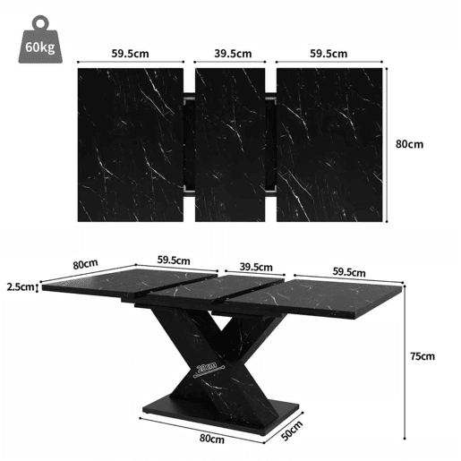 Mesa de jantar extensível 140-180 cm - design moderno em X, tampo com efeito mármore, para 4-6 pessoas, estrutura metálica estável - preta Mesa de jantar extensível 140-180 cm - design moderno em X, tampo com efeito mármore, para 4-6 pessoas, estrutura metálica estável - preta