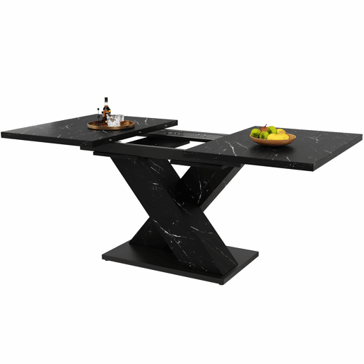 Mesa de jantar extensível 140-180 cm - design moderno em X, tampo com efeito mármore, para 4-6 pessoas, estrutura metálica estável - preta Mesa de jantar extensível 140-180 cm - design moderno em X, tampo com efeito mármore, para 4-6 pessoas, estrutura metálica estável - preta