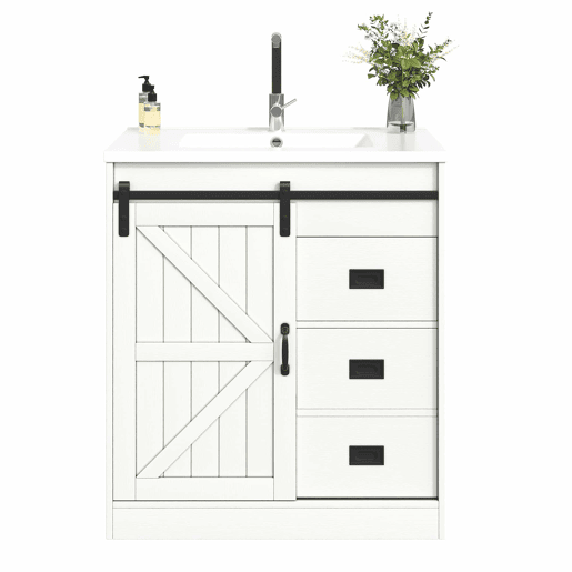 Móvel de casa de banho de 91,5 cm - Armário com portas tipo celeiro, lavatório de cerâmica, gavetas e compartimento - Branco