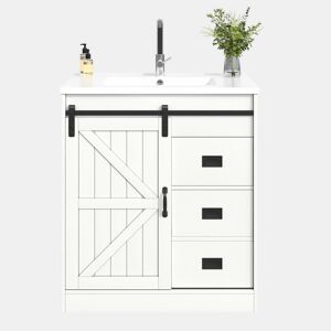 Móvel de casa de banho de 91,5 cm - Armário com portas tipo celeiro, lavatório de cerâmica, gavetas e compartimento - Branco