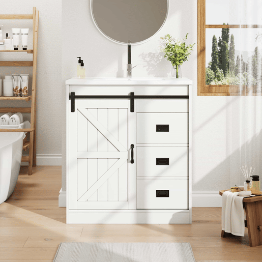 Móvel de casa de banho de 91,5 cm - Armário com portas tipo celeiro, lavatório de cerâmica, gavetas e compartimento - Branco