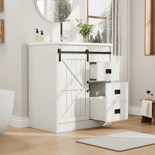 Móvel de casa de banho de 91,5 cm - Armário com portas tipo celeiro, lavatório de cerâmica, gavetas e compartimento - Branco