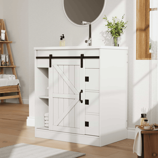 Móvel de casa de banho de 91,5 cm - Armário com portas tipo celeiro, lavatório de cerâmica, gavetas e compartimento - Branco