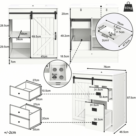 Móvel de casa de banho de 91,5 cm - Armário com portas tipo celeiro, lavatório de cerâmica, gavetas e compartimento - Branco