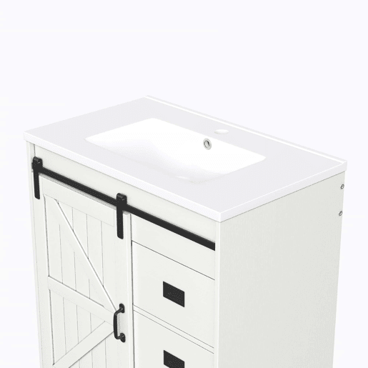 Móvel de casa de banho de 91,5 cm - Armário com portas tipo celeiro, lavatório de cerâmica, gavetas e compartimento - Branco