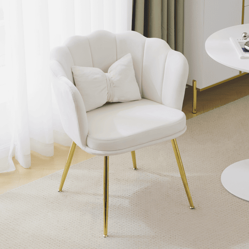 Conjunto de 6 cadeiras modernas de veludo - Cadeiras estofadas com encosto em forma de pétala, pernas de metal dourado, almofadas em forma de borboleta - Bege Conjunto de 6 cadeiras modernas de veludo - Cadeiras estofadas com encosto em forma de pétala, pernas de metal dourado, almofadas em forma de borboleta - Bege