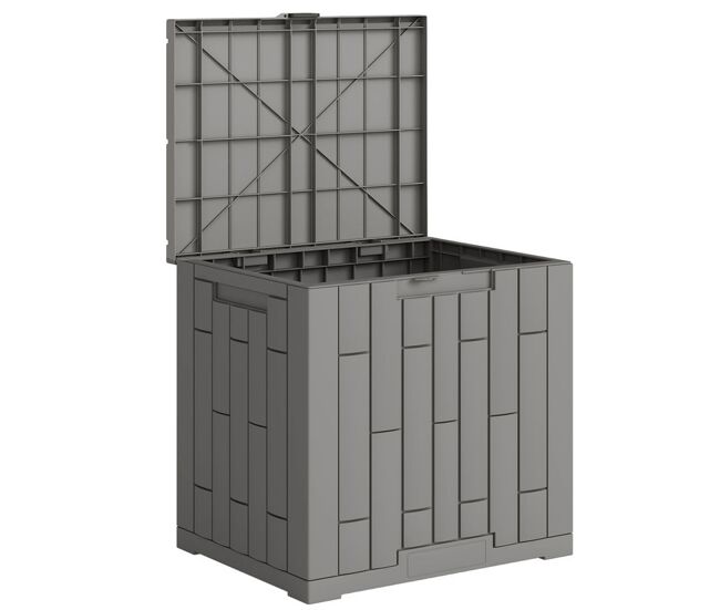 Outsunny arcón exterior capacidad 114l, baúl de almacenaje exterior de resina resistente al agua y a los rayos uv, con cerradura para jardín, terraza, patio, 56x44x54 cm, gris