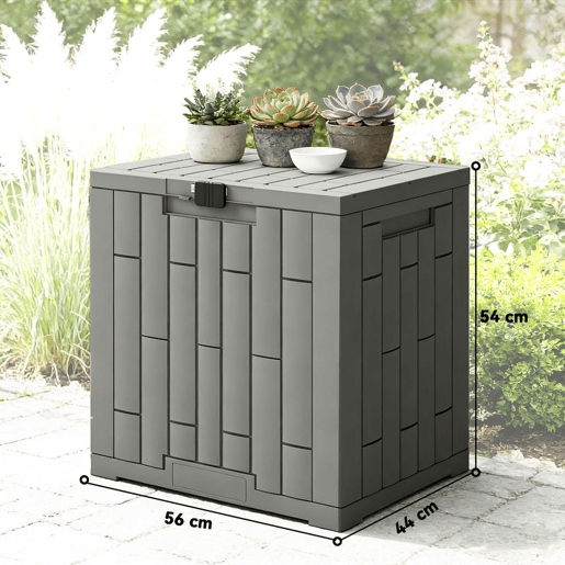 Outsunny Baú Exterior Capacidade 114L, Baú de Armazenamento Exterior em Resina Resistente à Água e aos Raios UV, com Fecho para Jardim, Terraço, Pátio, 56x44x54 cm, Cinzento