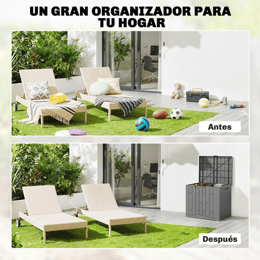 Outsunny Baú Exterior Capacidade 114L, Baú de Armazenamento Exterior em Resina Resistente à Água e aos Raios UV, com Fecho para Jardim, Terraço, Pátio, 56x44x54 cm, Cinzento