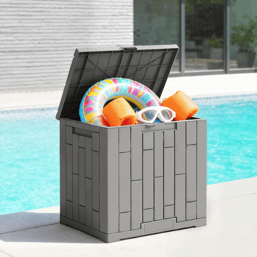 Outsunny Baú Exterior Capacidade 114L, Baú de Armazenamento Exterior em Resina Resistente à Água e aos Raios UV, com Fecho para Jardim, Terraço, Pátio, 56x44x54 cm, Cinzento