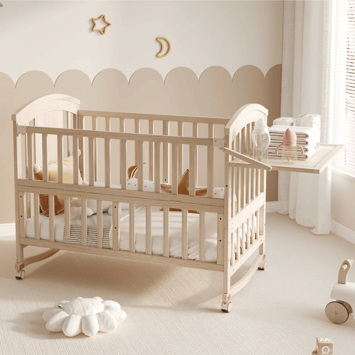 Berço de madeira multifuncional 120x60x95 cm (extensível até 40 cm) u2013 com trocador, prateleira dobrável, convertível em berço de co-leito, estrutura extensível, sem colchão u2013 cor madeira natural Berço de madeira multifuncional 120x60x95 cm (extensível até 40 cm) u2013 com trocador, prateleira dobrável, convertível em berço de co-leito, estrutura extensível, sem colchão u2013 cor madeira natural