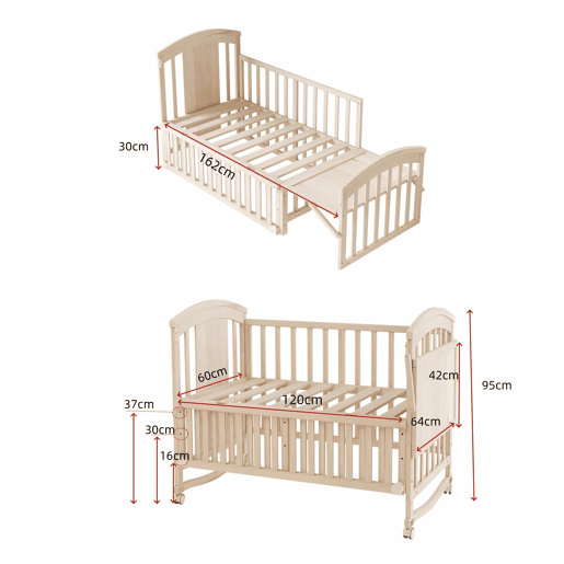 Berço de madeira multifuncional 120x60x95 cm (extensível até 40 cm) u2013 com trocador, prateleira dobrável, convertível em berço de co-leito, estrutura extensível, sem colchão u2013 cor madeira natural Berço de madeira multifuncional 120x60x95 cm (extensível até 40 cm) u2013 com trocador, prateleira dobrável, convertível em berço de co-leito, estrutura extensível, sem colchão u2013 cor madeira natural
