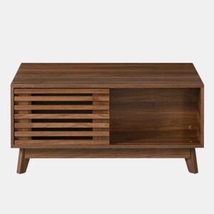 Mesa de centro elevável - altura ajustável, porta de persiana deslizante, acabamento em efeito nogueira, estrutura em MDF, multifuncional - Nogueira