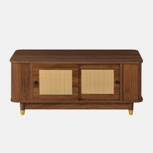 Mesa de centro - portas de correr em rattan, cantos arredondados, espaço de arrumação, MDF com efeito de madeira, design moderno - Nogueira
