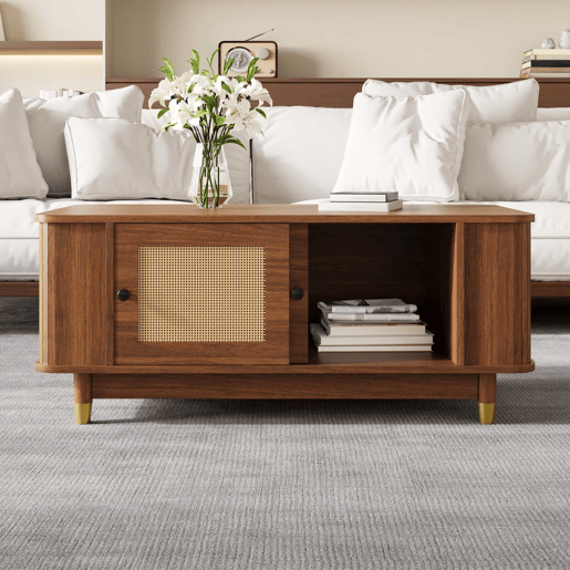 Mesa de centro - portas de correr em rattan, cantos arredondados, espaço de arrumação, MDF com efeito de madeira, design moderno - Nogueira