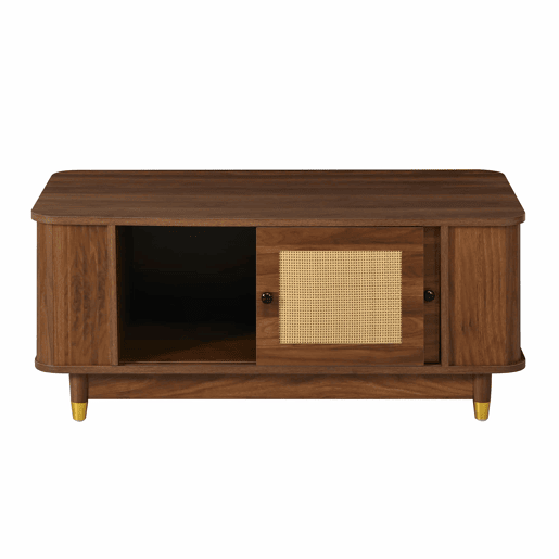 Mesa de centro - portas de correr em rattan, cantos arredondados, espaço de arrumação, MDF com efeito de madeira, design moderno - Nogueira