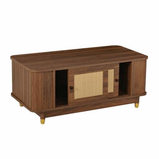 Mesa de centro - portas de correr em rattan, cantos arredondados, espaço de arrumação, MDF com efeito de madeira, design moderno - Nogueira
